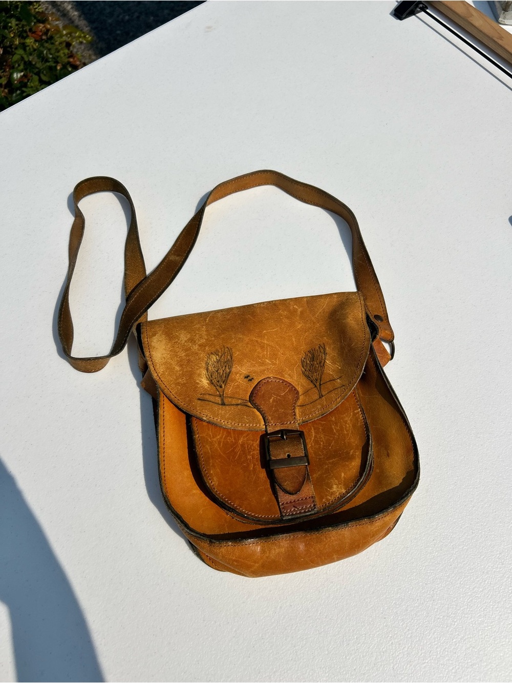 Vintage- Brown Leather Crossbody Bag with Wheat Embossing